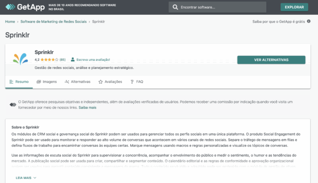 Avaliação de cliente sobre o Sprinklr no site GetApp.