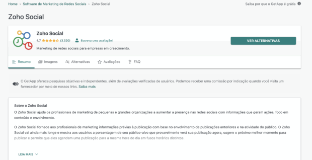 Opinião de um cliente sobre o Zoho social no GetApp