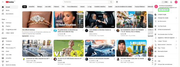 créer une chaîne dans le menu YouTube