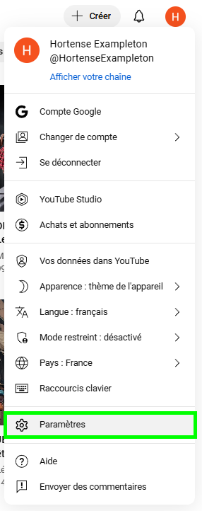 sélectionner Paramètres dans le menu de compte