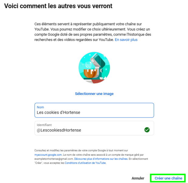 Créer le nom de votre chaîne