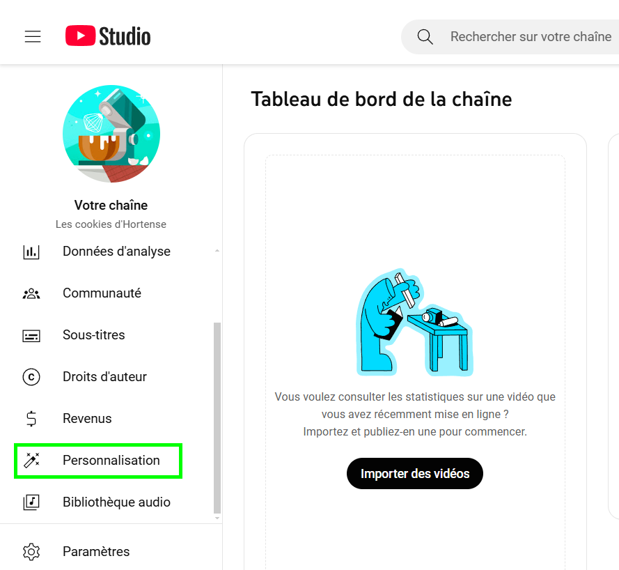 menu personnalisation dans YouTube Studio