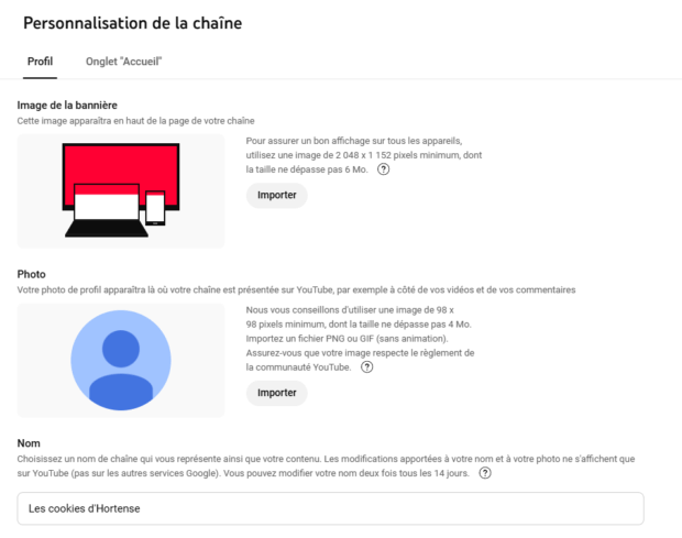 options de personnalisation de la chaîne