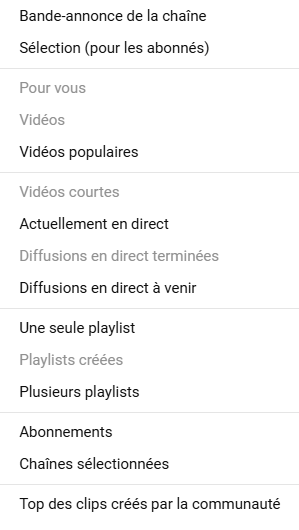 sections pouvant être ajoutées à une chaîne YouTube