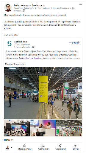 Publicación en LlinkedIn del director de adquisición de contenidos de Scribd hablando sobre la participación de su compañía en la feria del libro más importante en América Latina