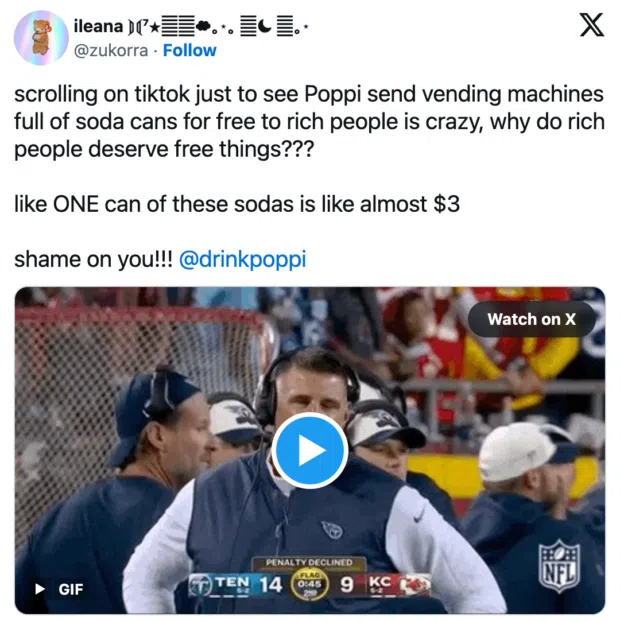 Tweet criticizing Poppi's Super Bowl campaign