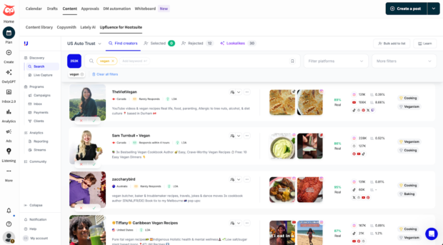 Upfluence's Find Creators tool in Hootsuite