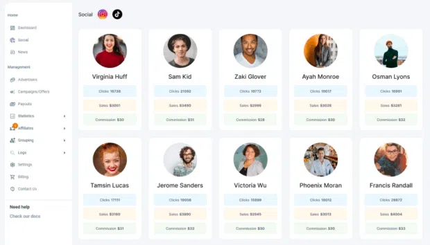 Tracknow social affiliate profiles