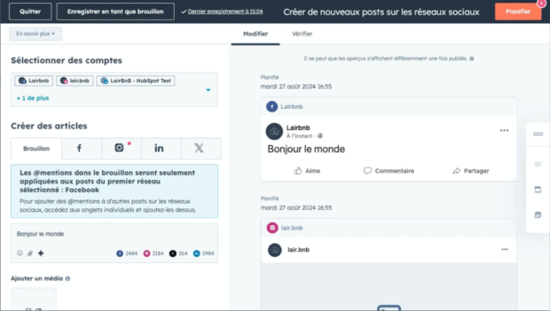 réation d’une nouvelle publication pour les réseaux sociaux dans HubSpot