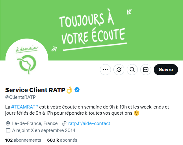 compte de service client de la RATP sur X