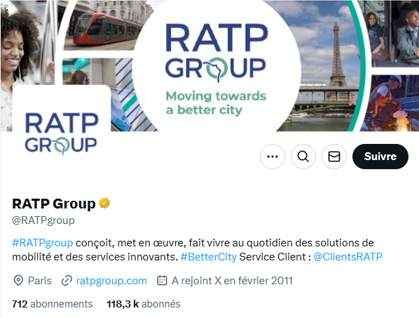 bio du compte RATP Group qui indique son compte de service client sur X