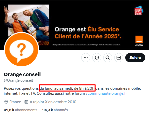 bio du compte de service client d’Orange sur X qui indique ses horaires