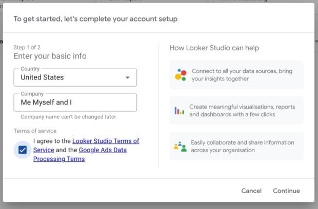 enter country and company on Looker Studio
