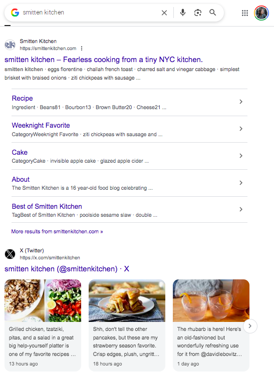 Smitten Kitchen Google search results website and social pages