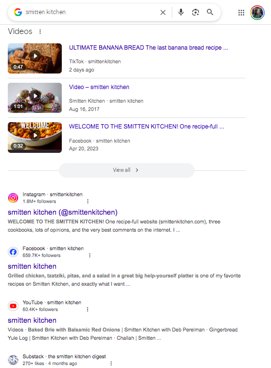 Smitten Kitchen videos with search results including Instagram and Facebook page