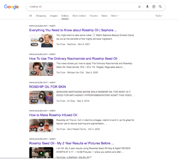 Rosehip oil search results YouTube videos with keywords