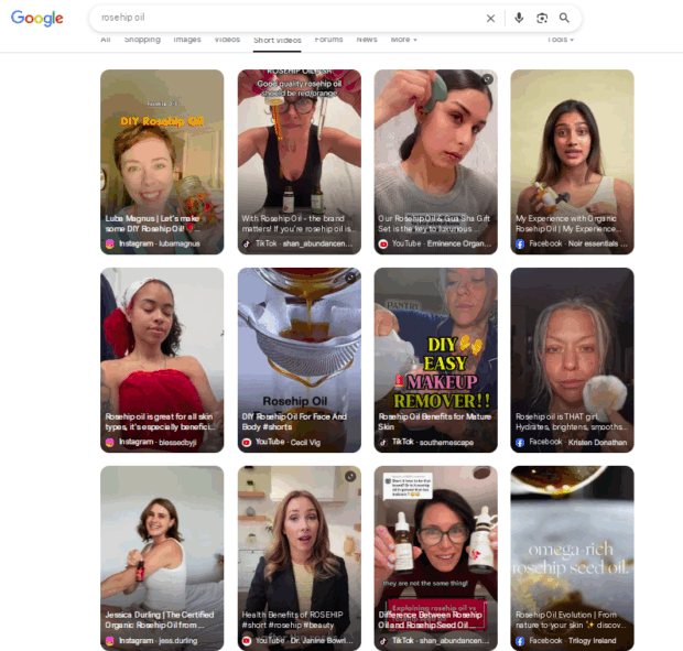 Rosehip oil search results Short Videos tab 