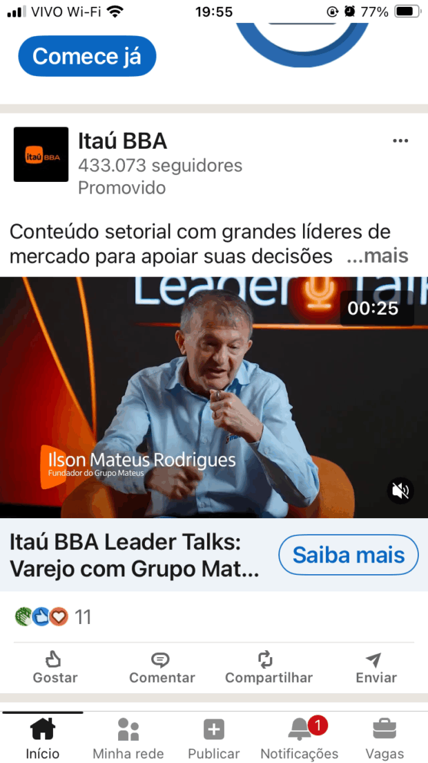 publicação em vídeo promovida no LinkedIn