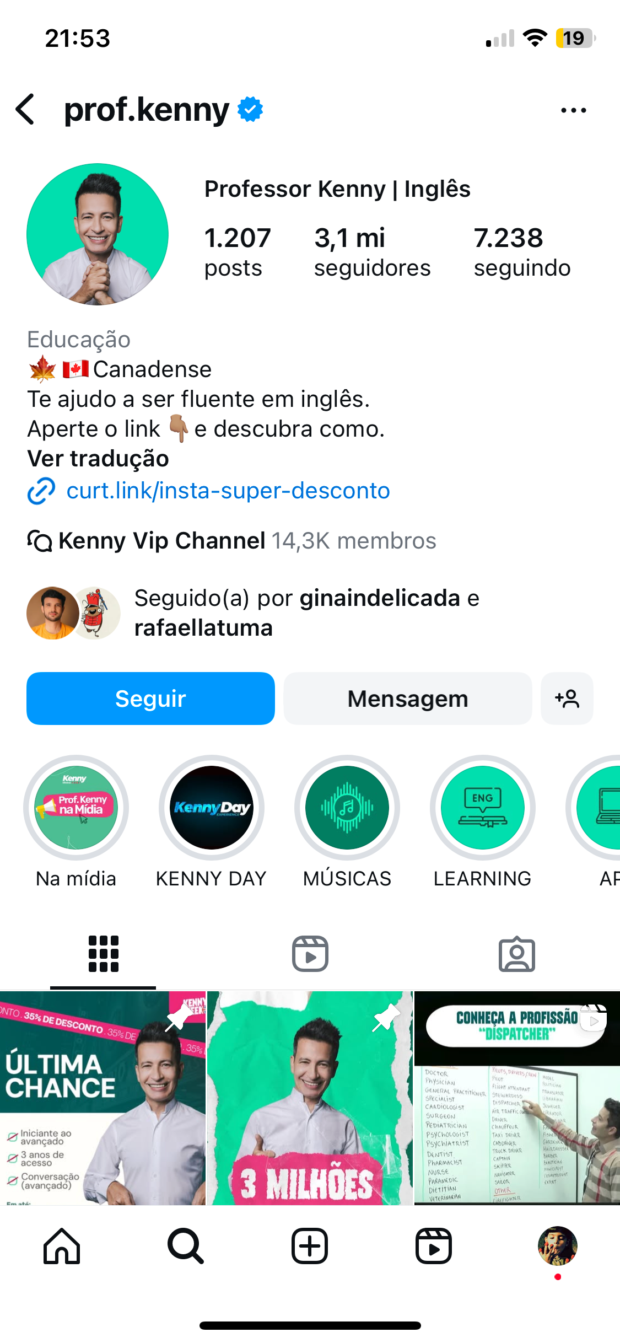 Perfil do Instagram do professor de inglês Kenny