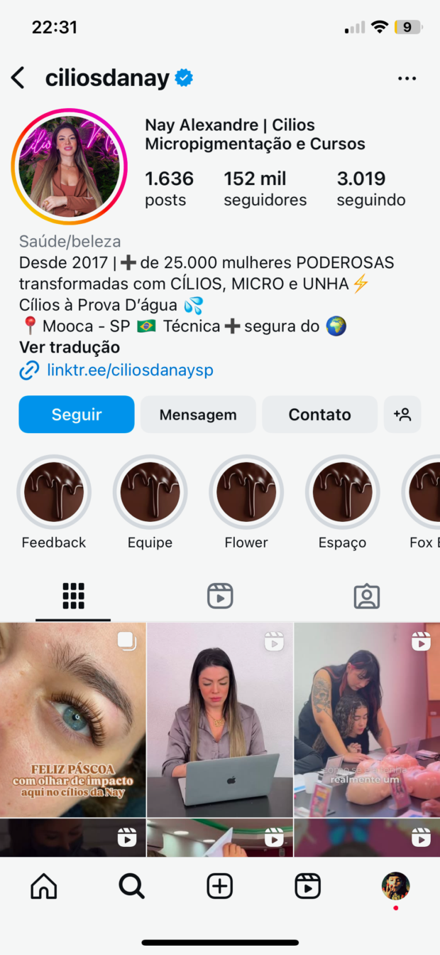 criadora de conteúdo sobre cílios Nay Alexandre com o username @ciliosdanay