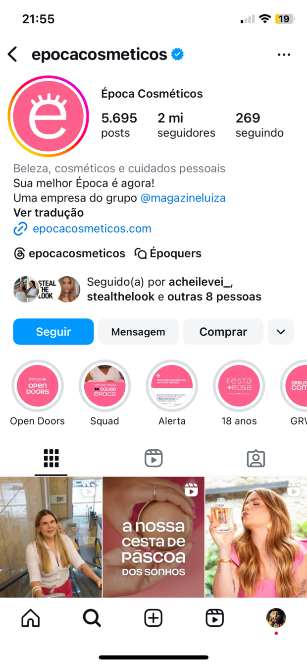 perfil da empresa Época Cosméticos no Instagram