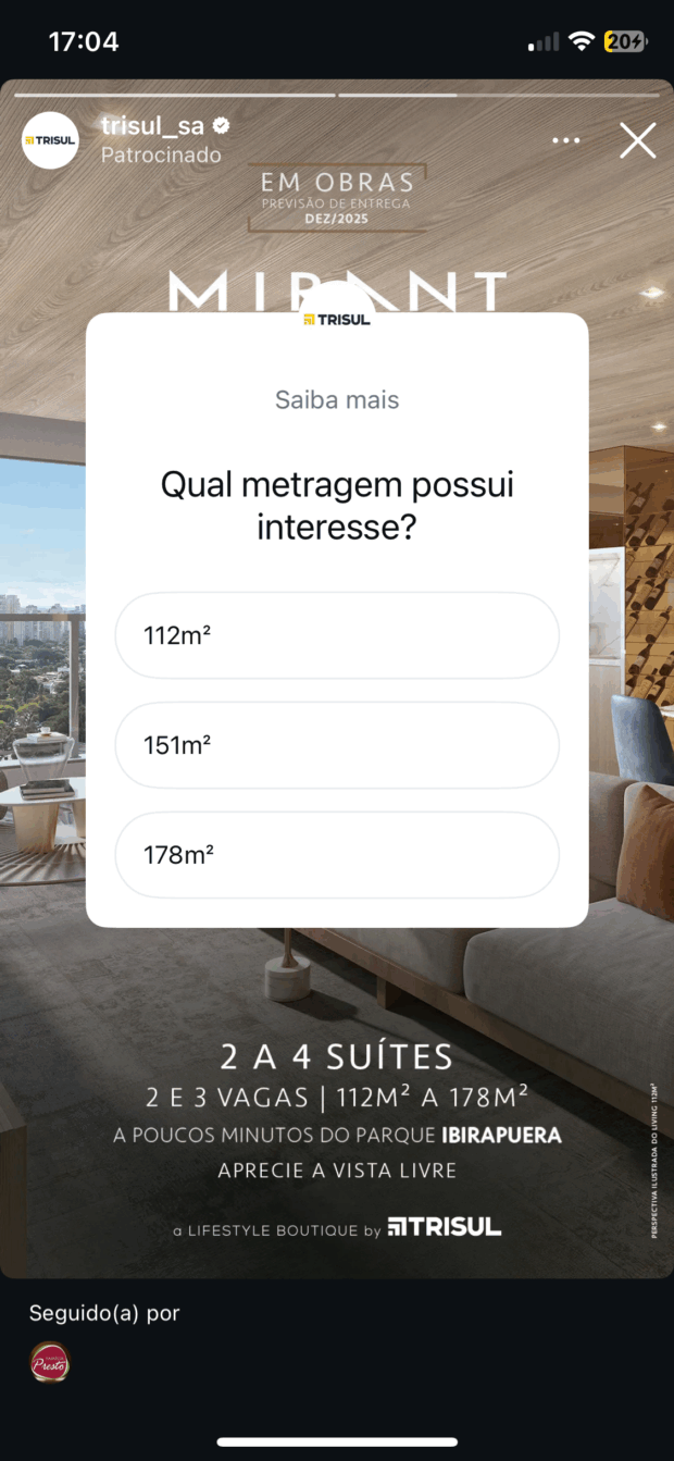 Story interativo com uma pesquisa sobre a metragem de apartamentos pelo qual o público se interessa