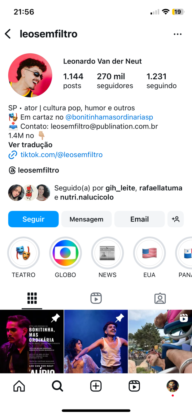 Conta do ator Leonardo Van der Neut com o nome @leosemfiltro