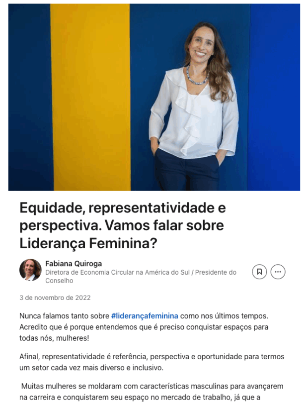 Publicação da diretora da empresa Braskem no LinkedIn