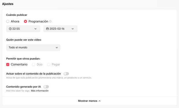 programa cuándo publicar el video seleccionando la fecha y la hora