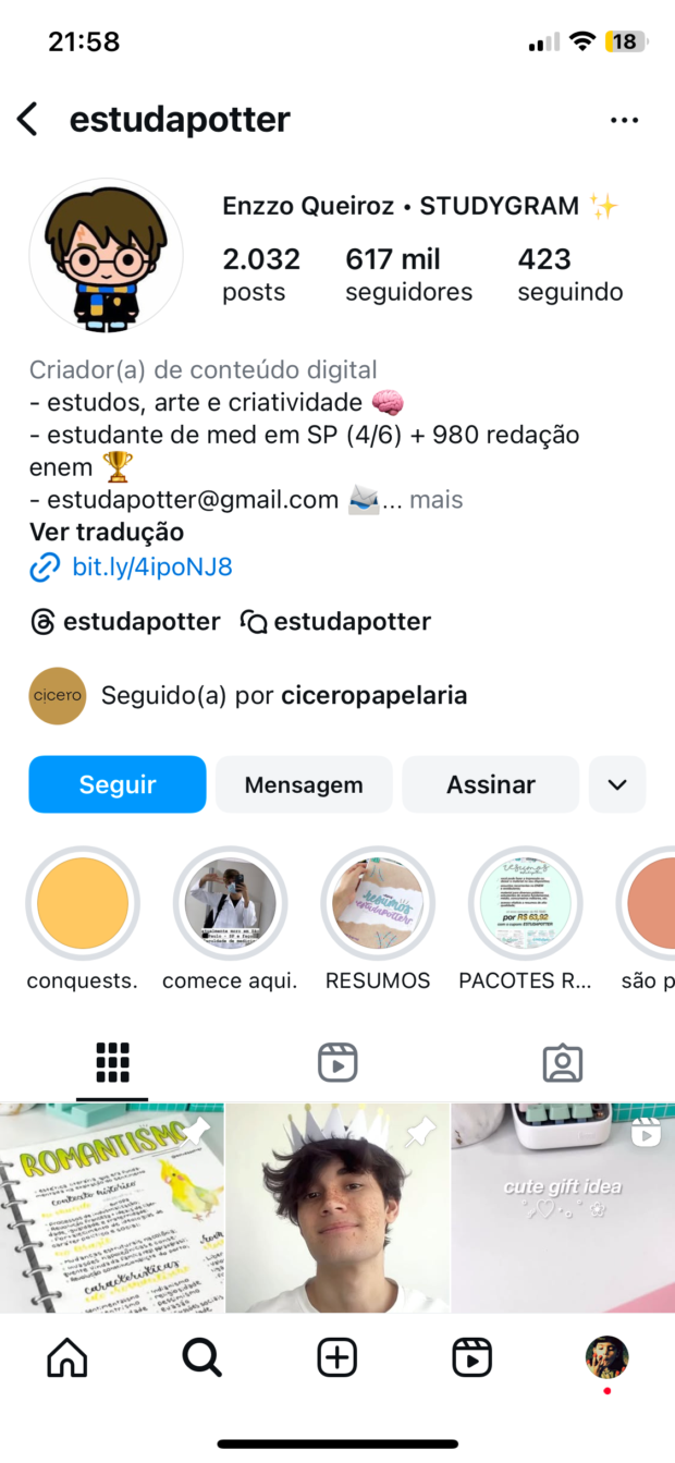Instagram do criador de conteúdo Enzzo Queiroz, com o nome @estudapotter