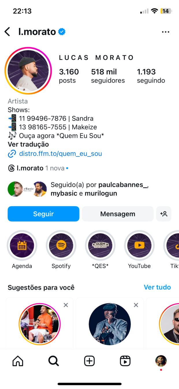 perfil do artista Lucas Morato que utiliza o username l.morato