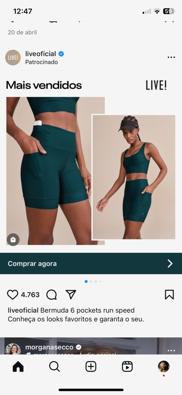 Postagem patrocinada do perfil Live de roupas esportivas