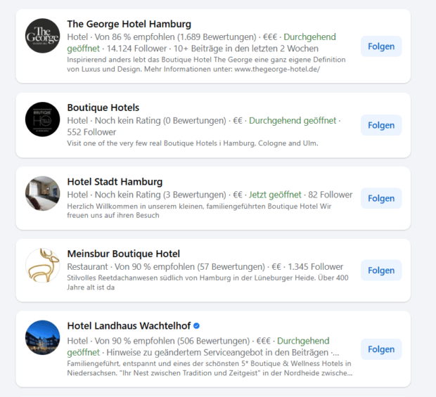 Facebook-Suche nach der Phrase “Boutique-Hotel Hamburg"