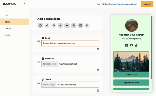 Hootbio add a social icon for various platforms
