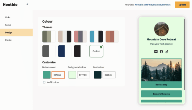 Hootbio design select colour and customize themes