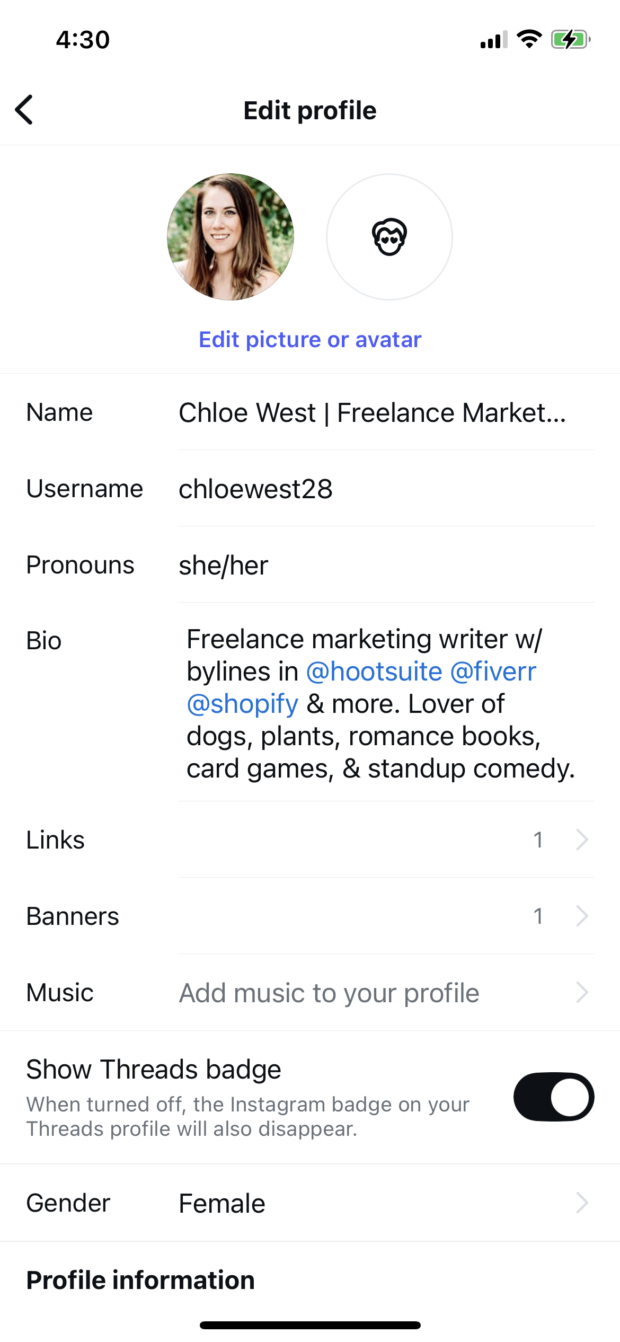 edit profile above Instagram posts