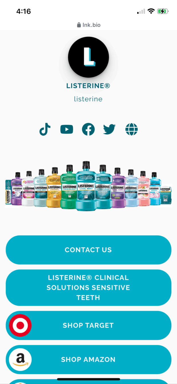Listerine links and standout brand product image