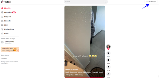 TikTok-Homepage: Upload-Button rechts oben