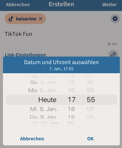 Hootsuite-Planer auf dem Handy: Datum und Uhrzeit auswählen