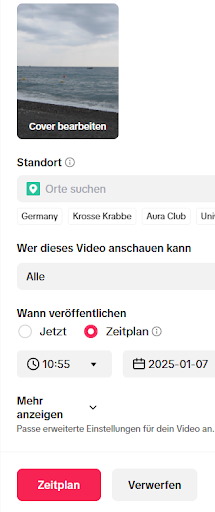 Plant, wann das Video gepostet werden soll, indem ihr Datum und Uhrzeit auswählt.