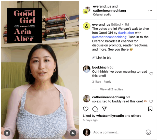Everand US link in bio featured in Instagram reel description CTA