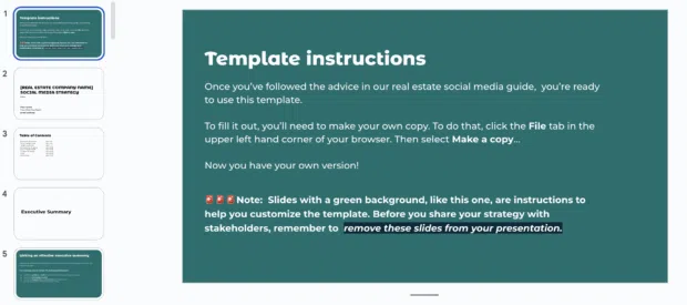 template instructions page of social media real estate strategy template
