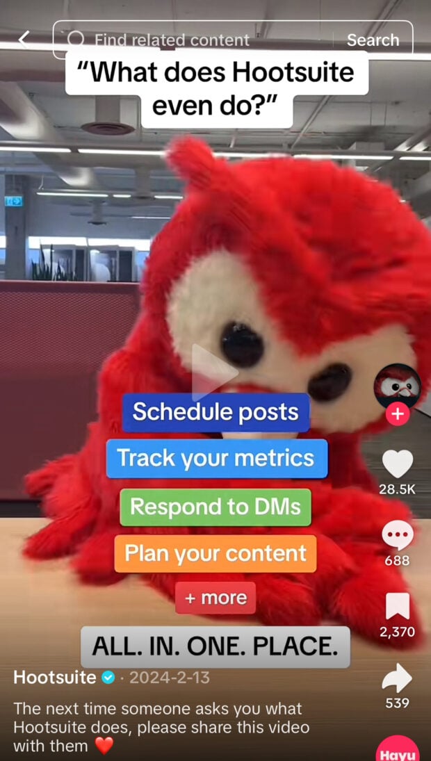 A red owl mascot pops into frame with overlay text: “What does Hootsuite even do?” followed by colorful labels like “Schedule posts,” “Track your metrics,” and “Respond to DMs.”