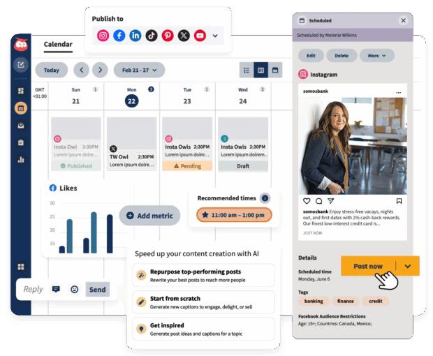 A Hootsuite dashboard mockup featuring a weekly content calendar, Instagram post preview, scheduling tool, recommended post time (11AM–1PM), and AI-powered content suggestions.