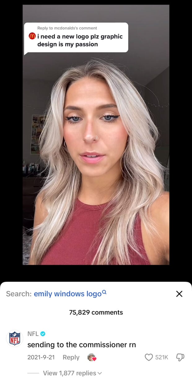 A blonde woman reacts to a comment from McDonald’s saying “i need a new logo plz graphic design is my passion.” The NFL replies, “sending to the commissioner rn.”