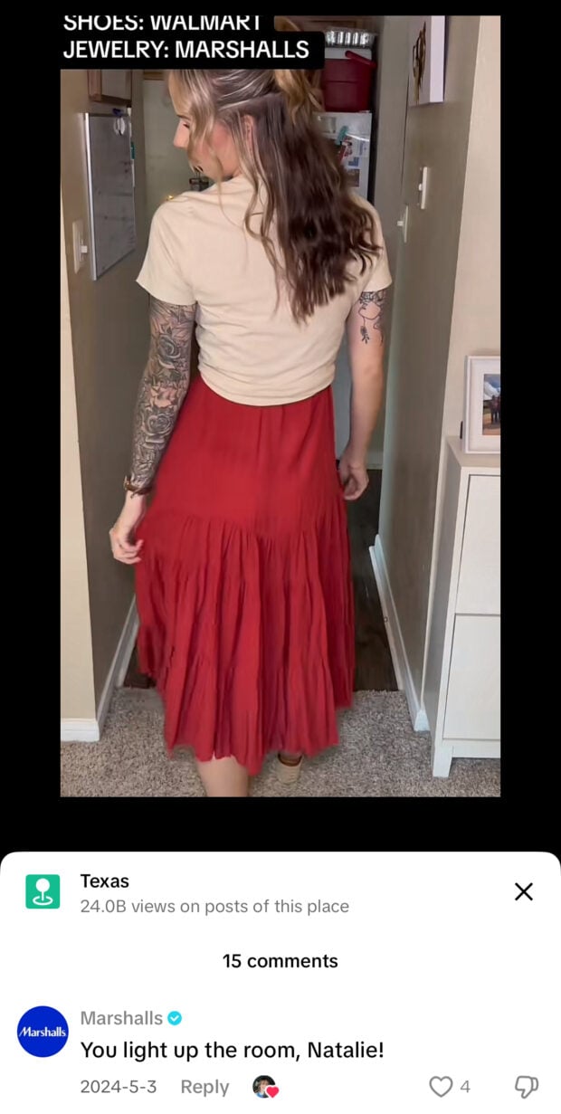 A woman in a beige tee and flowing red skirt walks away from camera in a home hallway. On-screen text credits Walmart for shoes and Marshalls for jewelry. Marshalls comments, “You light up the room, Natalie!”