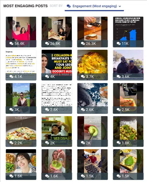 A grid of most engaging social media posts related to “avocado toast,” ranked by comment count. The image highlights high-engagement visuals, including food photos, memes, recipes, and influencer content. A key part of brand monitoring to surface user-generated content and viral themes.