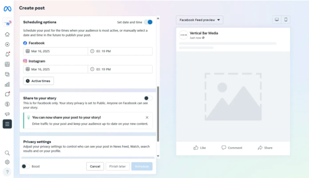 Scheduling dashboard for Meta Business Suite