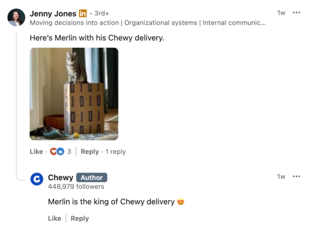 Chewy engaging with its community in the comments on LinkedIn