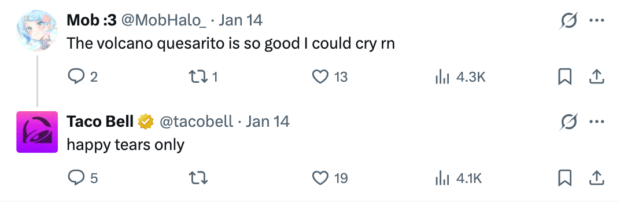 Taco Bell responding to a tweet that mentions a product name